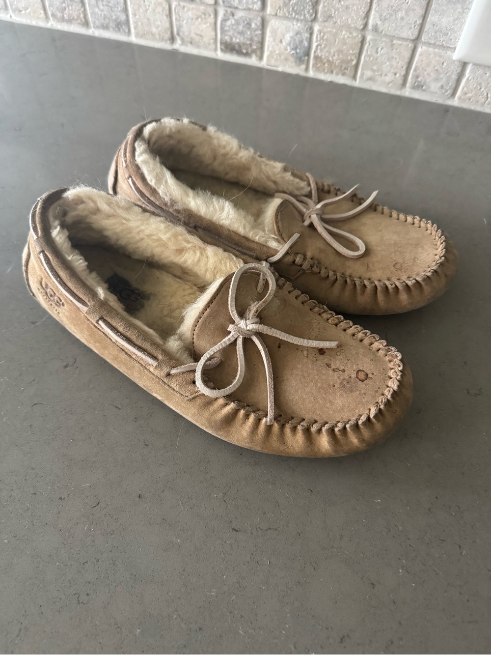 UGG Tan Suede Moccasin Slippers with Shearling Lining